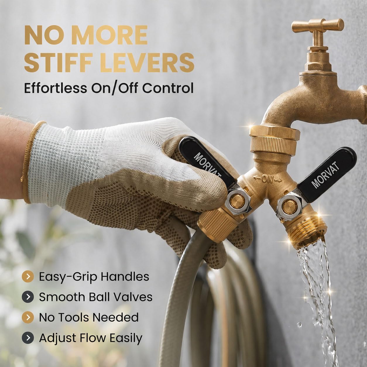 Brass 2-Way Y Splitter LEAD-FREE, Heavy-Duty Garden Hose Connector with Extra Long Butterfly Comfort Grip ON/OFF