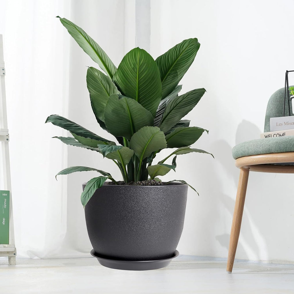 UOUZ 12inch Large Plant Pot, Modern Plastic Planter with High Driange Holes and Saucer for Indoor Outdoor Garden Plants