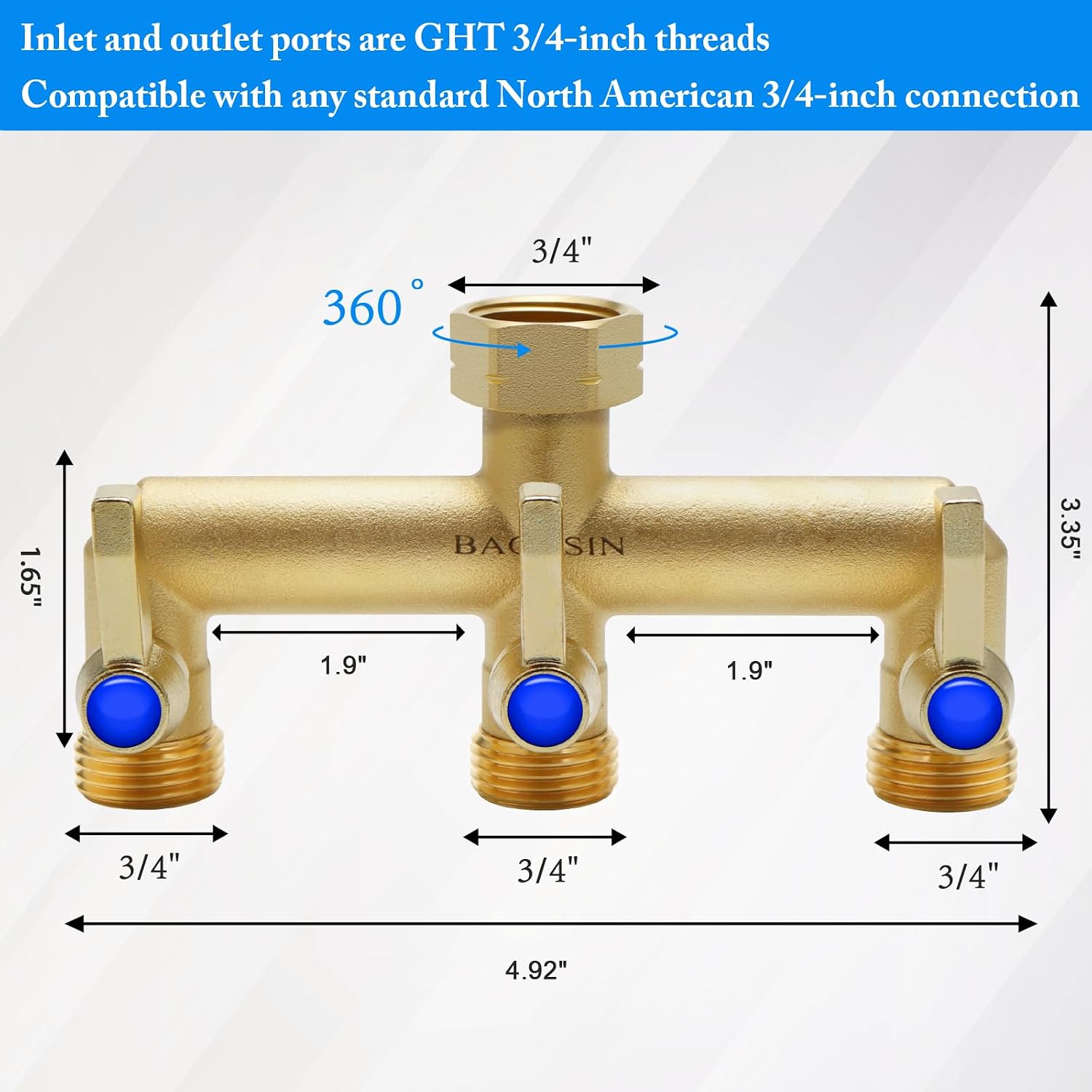 Brass Garden Hose Splitter, 3 Way Hose Splitter, Outdoor Hose Splitter, Outlet for Regulating and Shutting Off Water