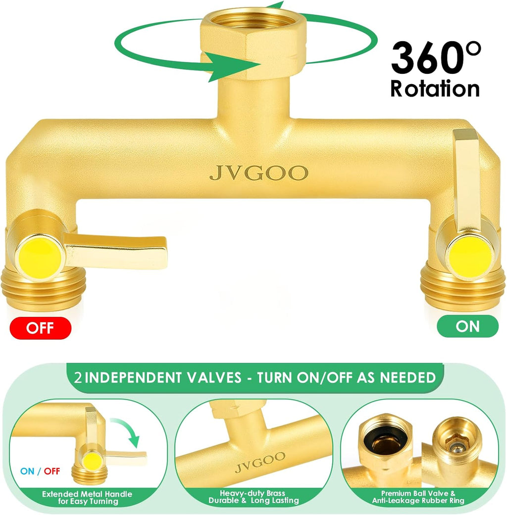 Garden Hose Splitter, Brass 2 Way Hose Splitter, 3/4" Water Hose Splitter 2 Way Heavy Duty with Metal Shutoff Valve and