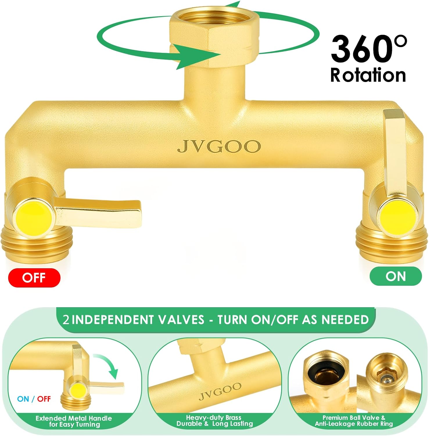 Garden Hose Splitter, Brass 2 Way Hose Splitter, 3/4" Water Hose Splitter 2 Way Heavy Duty with Metal Shutoff Valve and
