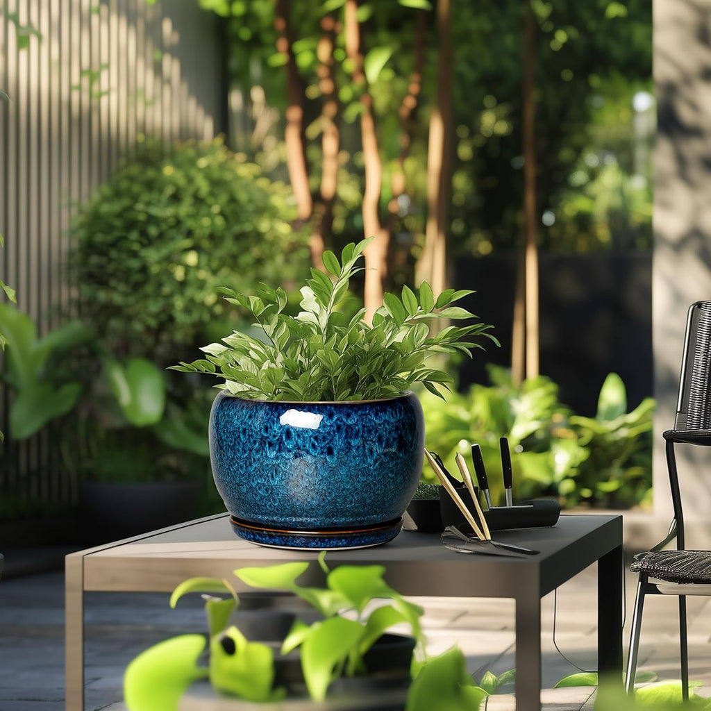 SQOWL 10 Inch Plant Pot - Ceramic Planter Pot with Drainage Hole and Saucer, Decorative Plant Pot for Indoor Outdoor