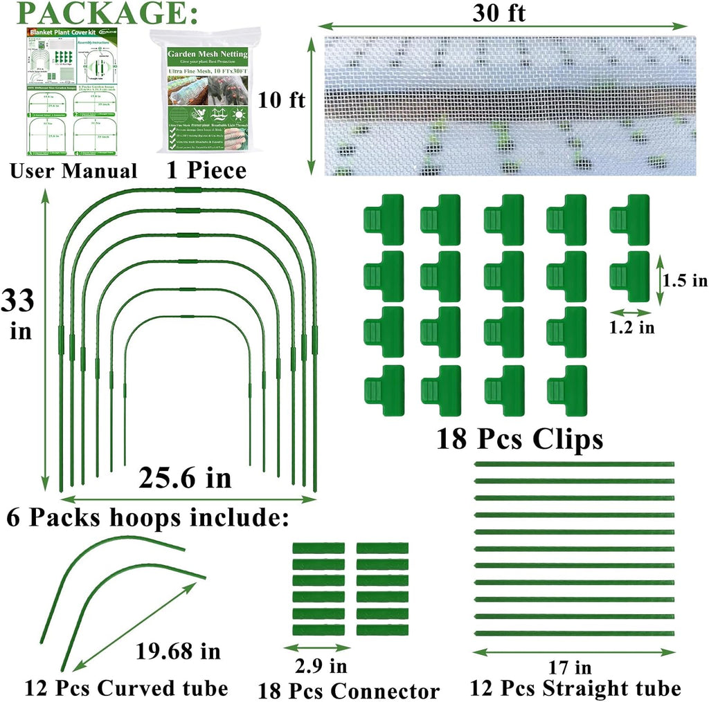 Garden Mesh Netting Kit, Plant Covers 10x30Ft Ultra Fine Mesh Netting & 6Pcs Garden Hoops &18 Clip, Garden Netting Kit