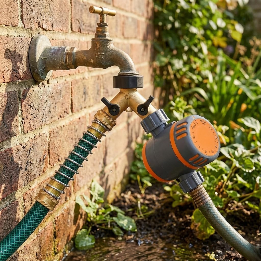 Heavy Duty 2 Way Brass Garden Hose Splitter with Shut Off Valves, Outdoor Faucet Connector with Water Timer, Anti Kink