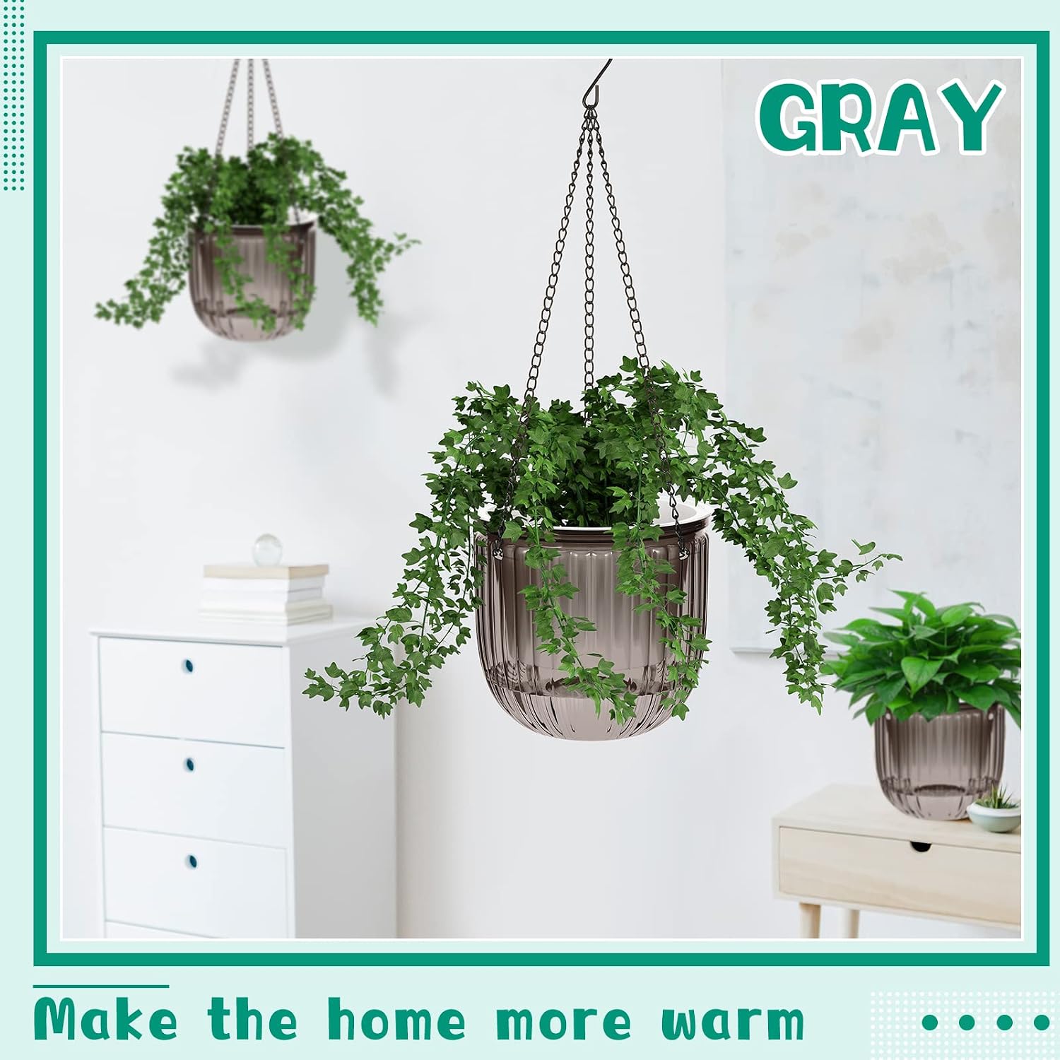 4 Pcs Self Watering Hanging Planter Indoor 6.5 Inch Hanging Baskets for Plants Outdoor Plastic Flower Pot with 3 Hooks