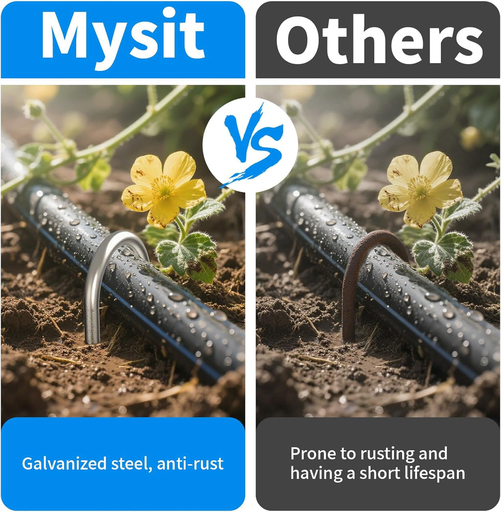 MySit 200 Pack 4 Inch Garden Stakes Galvanized Drip Irrigation Stakes | Galvanized U Shaped Landscape Staples Ground