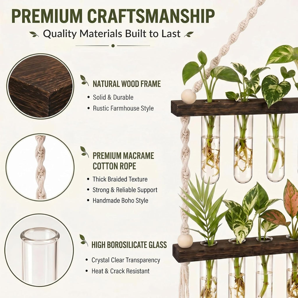 Hushee 3 Tiered Macrame Plant Propagation Station Wall Hanging with Wooden Stand and 21 Tubes, Planters Wall Hanging
