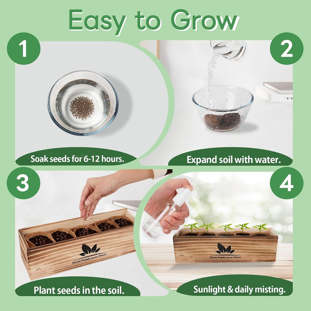 Indoor Herb Garden Starter Kit, Unique Gifts 5 Herb Garden Planter Indoor Kit with Wooden Box Including Basil