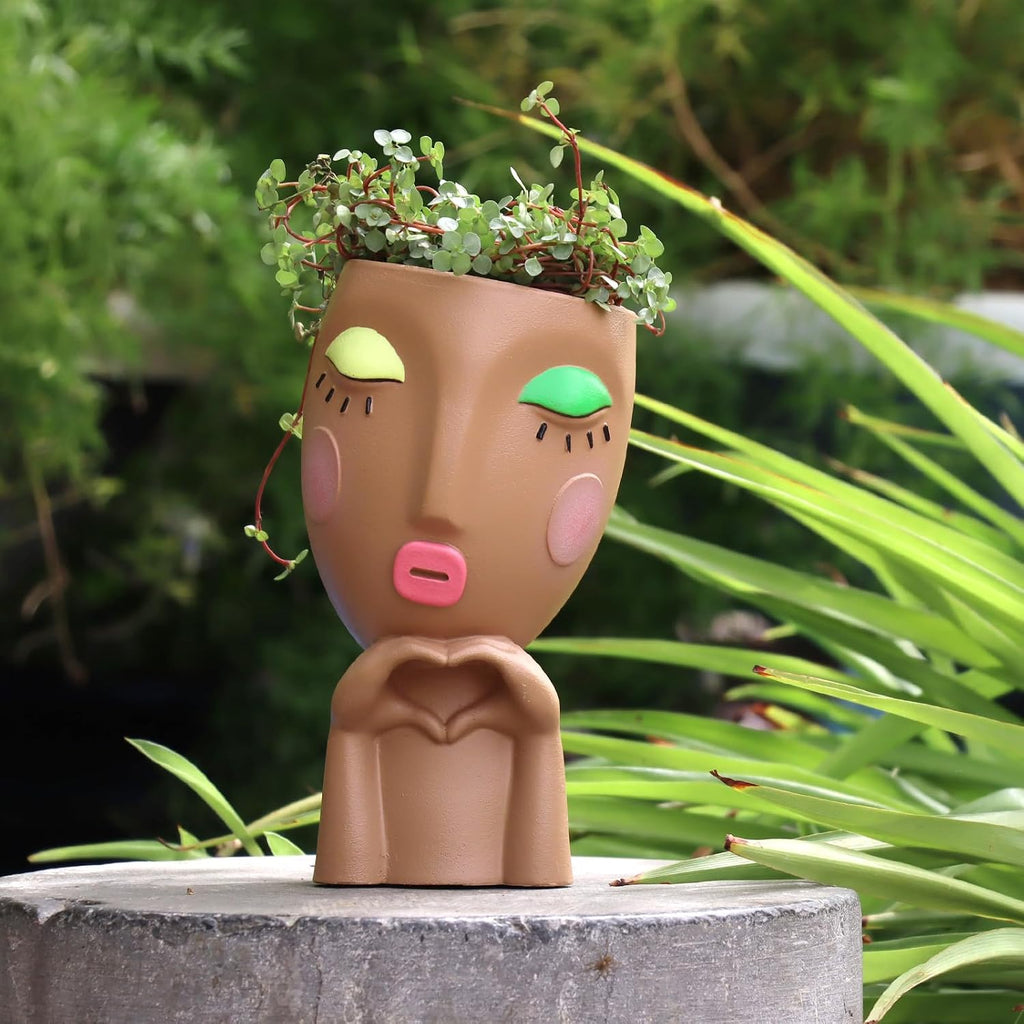 Cute Face Planter Head Pot for Indoor Plants, Unique Succulent Planter with Drainage, Decorative Resin Flower Pot for