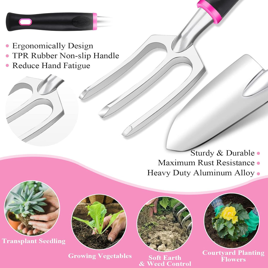 Pink Garden Tool Set Gardening Items for Women - 24PCS Heavy Duty Garden Tools with Detachable Storage Bag, Succulent