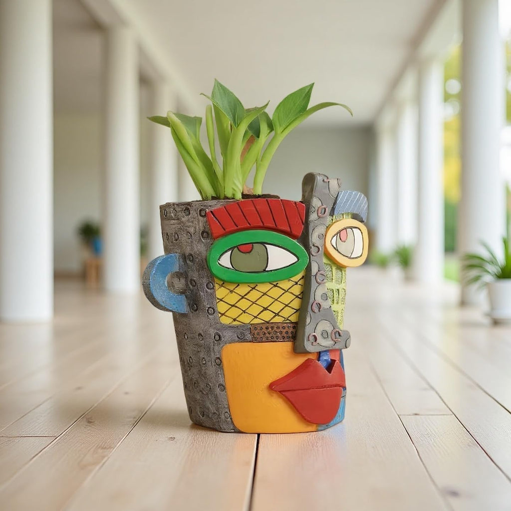 Picasso Abstract Face Flower Pot,Unique Resin Crafted Planter with Drainage Holes,Interesting Colorful Planter with