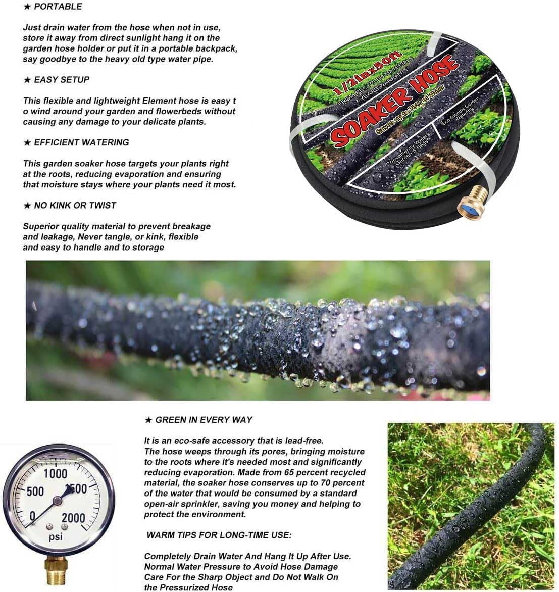 Soaker Hose 1/2" 50ft Rubber Garden Soaker Hoses, Water Seeper Round Drip Hose, Heavy Duty Drip Irrigation Hose For