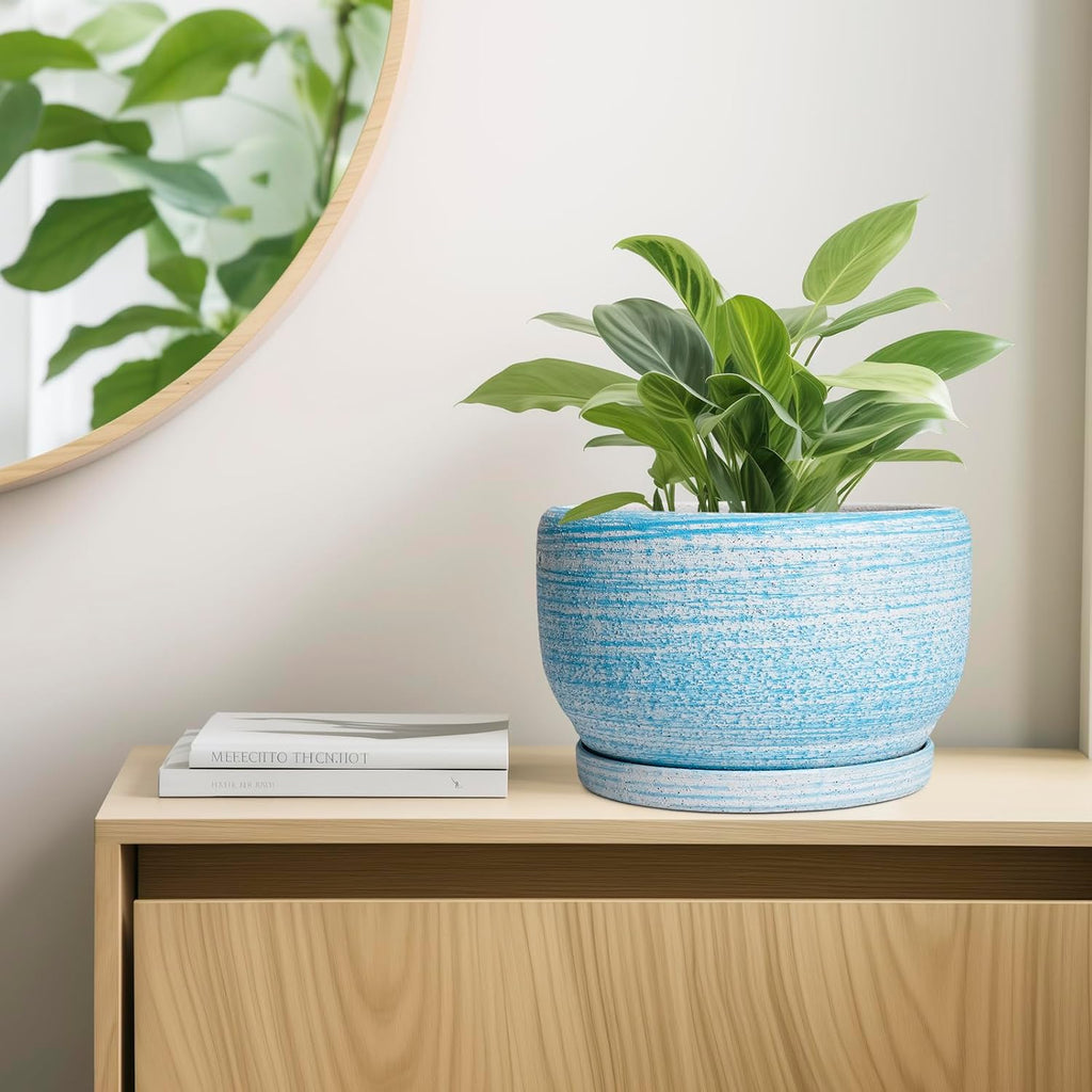 SQOWL Ceramic Plant Pots - 10 Inch Ceramic Flower Pots with Drainage Hole and Saucer, Round Large Planter for Indoor