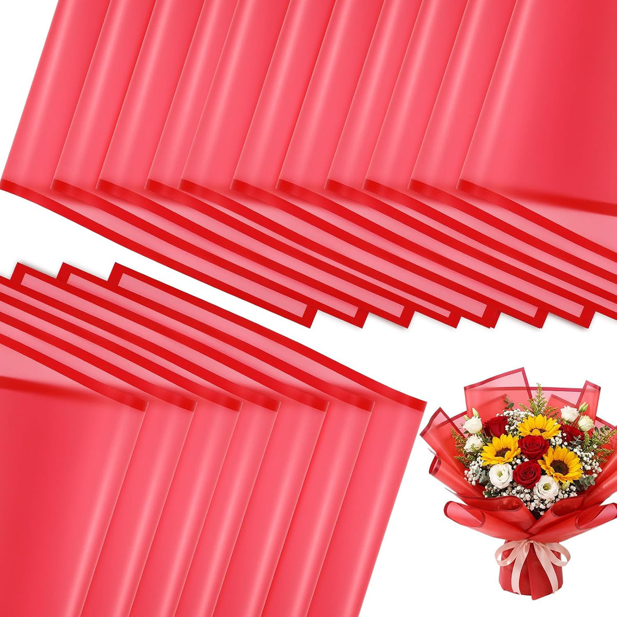 Ctosree 240 Sheets Flower Wrapping Paper, 22.8 x 22.8 Waterproof Wrapping Paper Bouquet Korean Floral Wraps Florist Supplies Packaging Papers for Wedding Bridal Shower Birthday Gift DIY(Red)