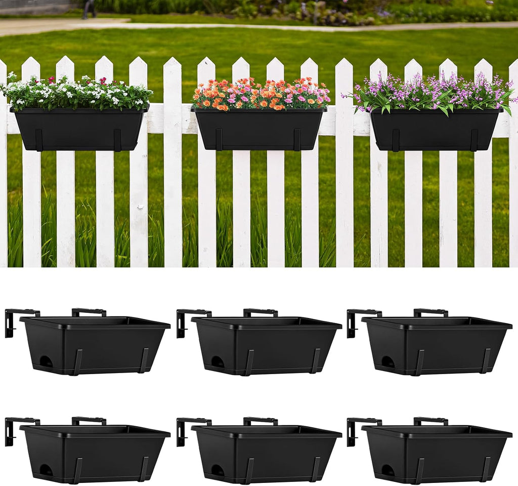 ETELI Railing Planter Hanging Planter Box with Brackets Set 6, Black | Adjustable with Drainage Holes for Deck Garden