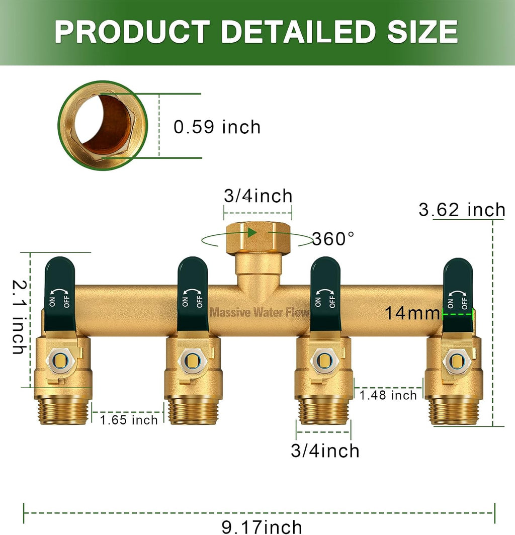 4 Way Hose Splitter, Heavy Duty Full Flow Garden Hose Splitter with 4 Large Metal Handles, Brass Water Hose Bib