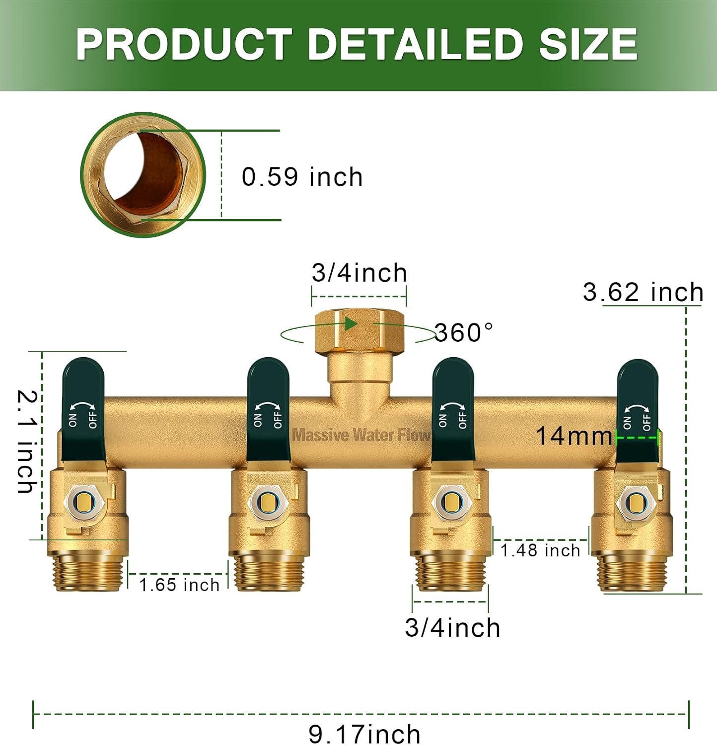 4 Way Hose Splitter, Heavy Duty Full Flow Garden Hose Splitter with 4 Large Metal Handles, Brass Water Hose Bib