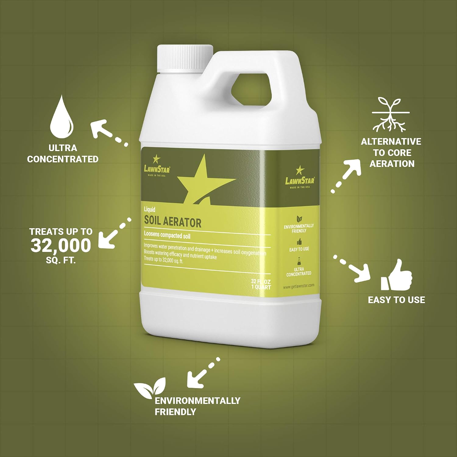 Liquid Lawn Aerator, Loosens and Conditions Compacted Soil, 32oz | LawnStar Liquid Aeration, Covers 32,000 sq ft