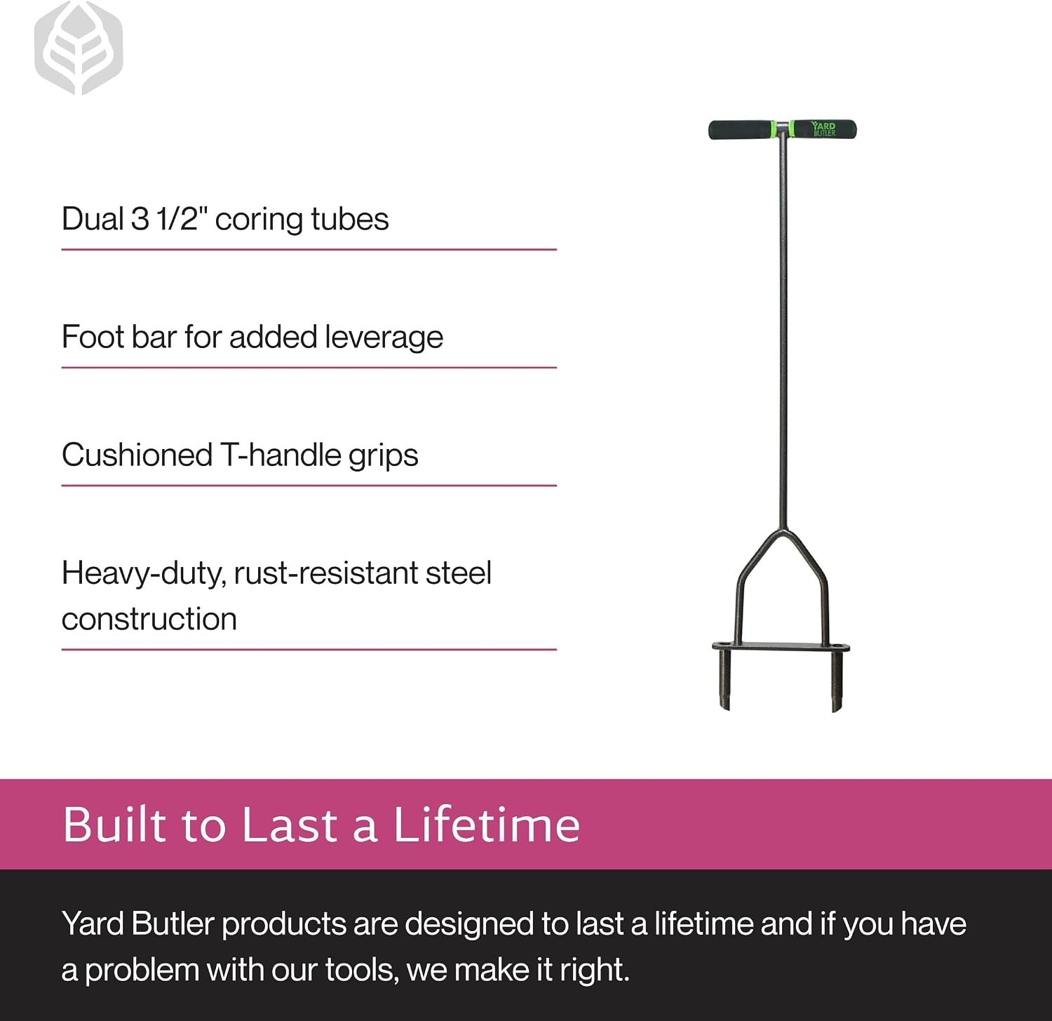 Yard Butler Manual Lawn Coring Aerator, ID-6C - Lawn Care Tool for Aerating - Long-Handled - Power-Coated Steel