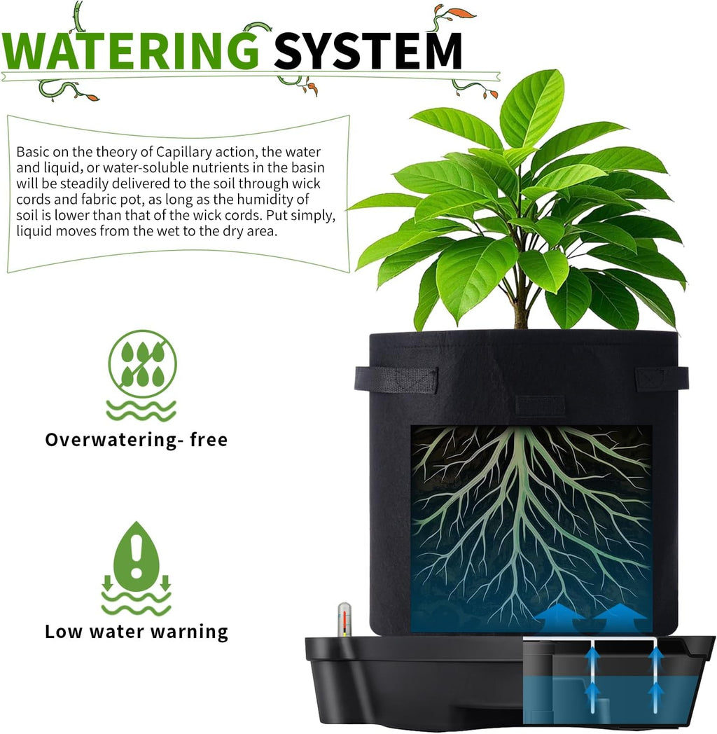 15” Self-Watering Plant Saucer, Capillary Action Theory Auto-Irrigation System, 4-Pack Bases with pH Test Tank & Water