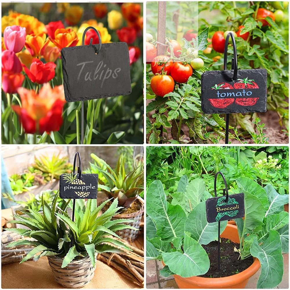 Slate Plant Labels Garden Markers Signs Labels with Stainless Steel Stake & Marker Pen Waterproof Slate Plant Labels
