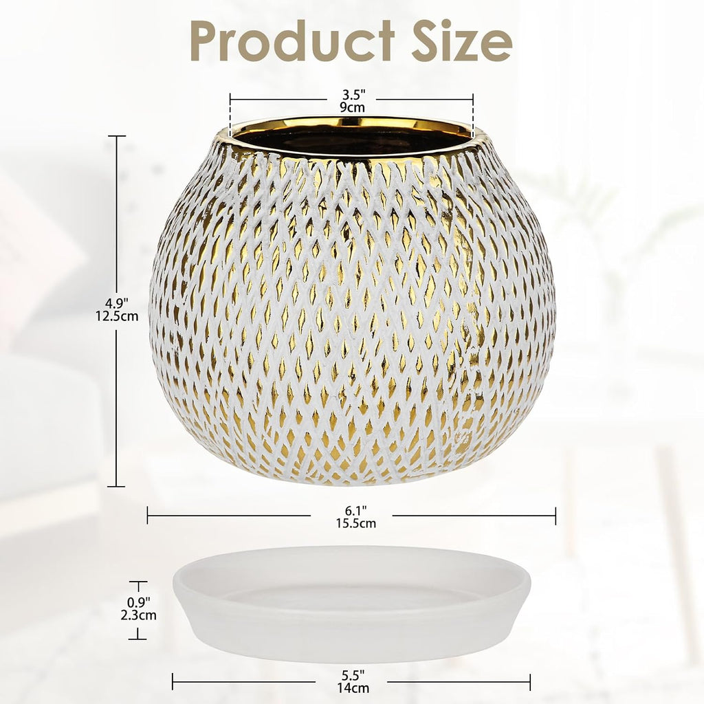 Ceramic Plant Pots for Plants Indoor 6.1 Inch Round Gold and White Flower Pot Gilded Decorative Planter with Drainage