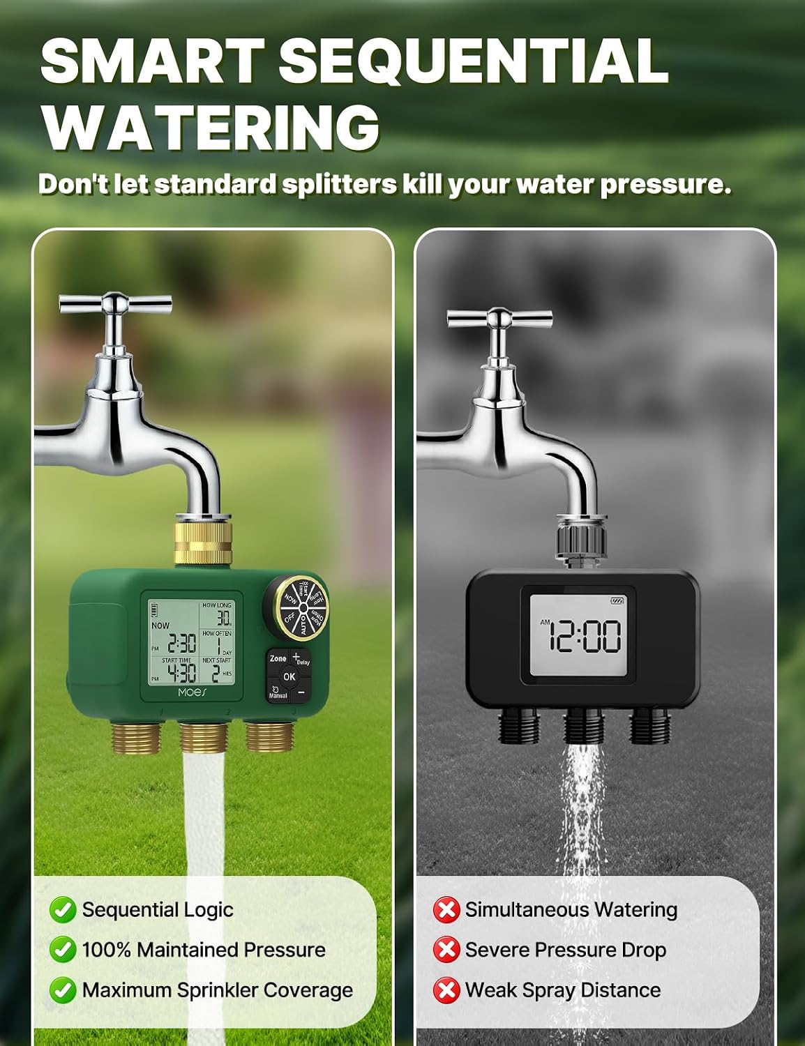 MOES 3 Zone Water Timer, Brass Fittings, Sequential Watering, No Wi-Fi | 3 Independently Programmable Outlets With 3/4