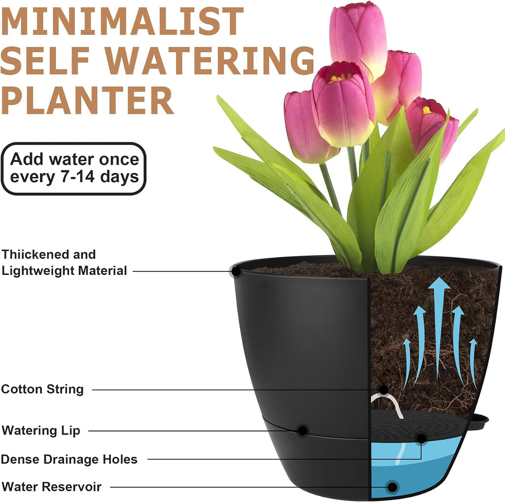 QRRICA Plant Pots 10/9/8/7.5/7 Inch Self Watering Pots, Set of 5 Plastic Planters with Drainage Holes and