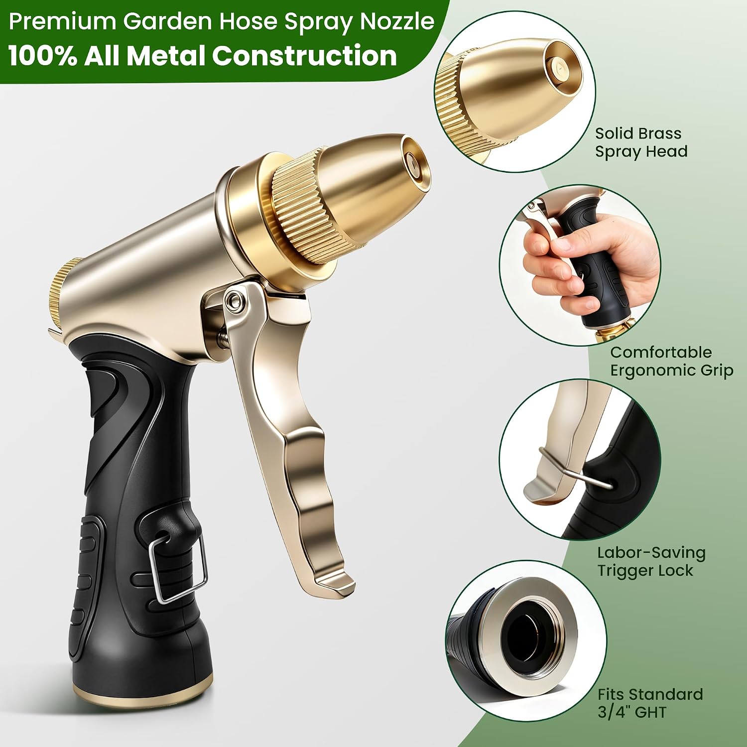 ARXIVE Brass Heavy Duty High Pressure Garden Hose Nozzle | Rustproof solid metal body, Leakproof seal, Non-slip grip, 4