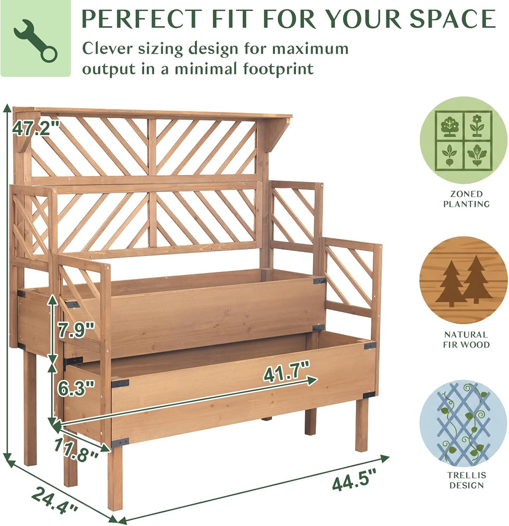 Raised Garden Bed Outdoor with Lattice Trellis, 47.2''H Wood Outdoor Flower Plant Stand with Two Planting Areas, Metal