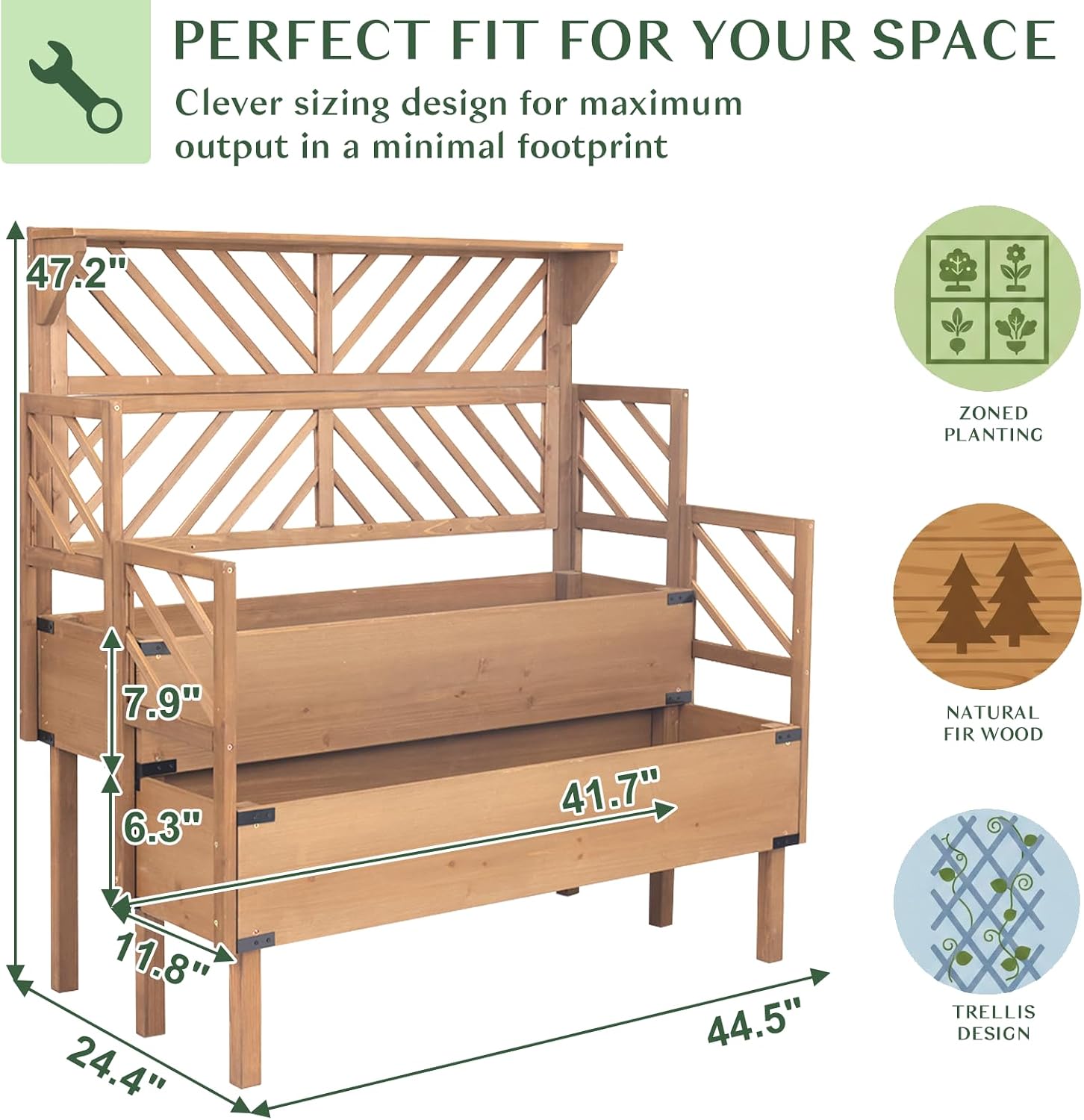 Raised Garden Bed Outdoor with Lattice Trellis, 47.2''H Wood Outdoor Flower Plant Stand with Two Planting Areas, Metal
