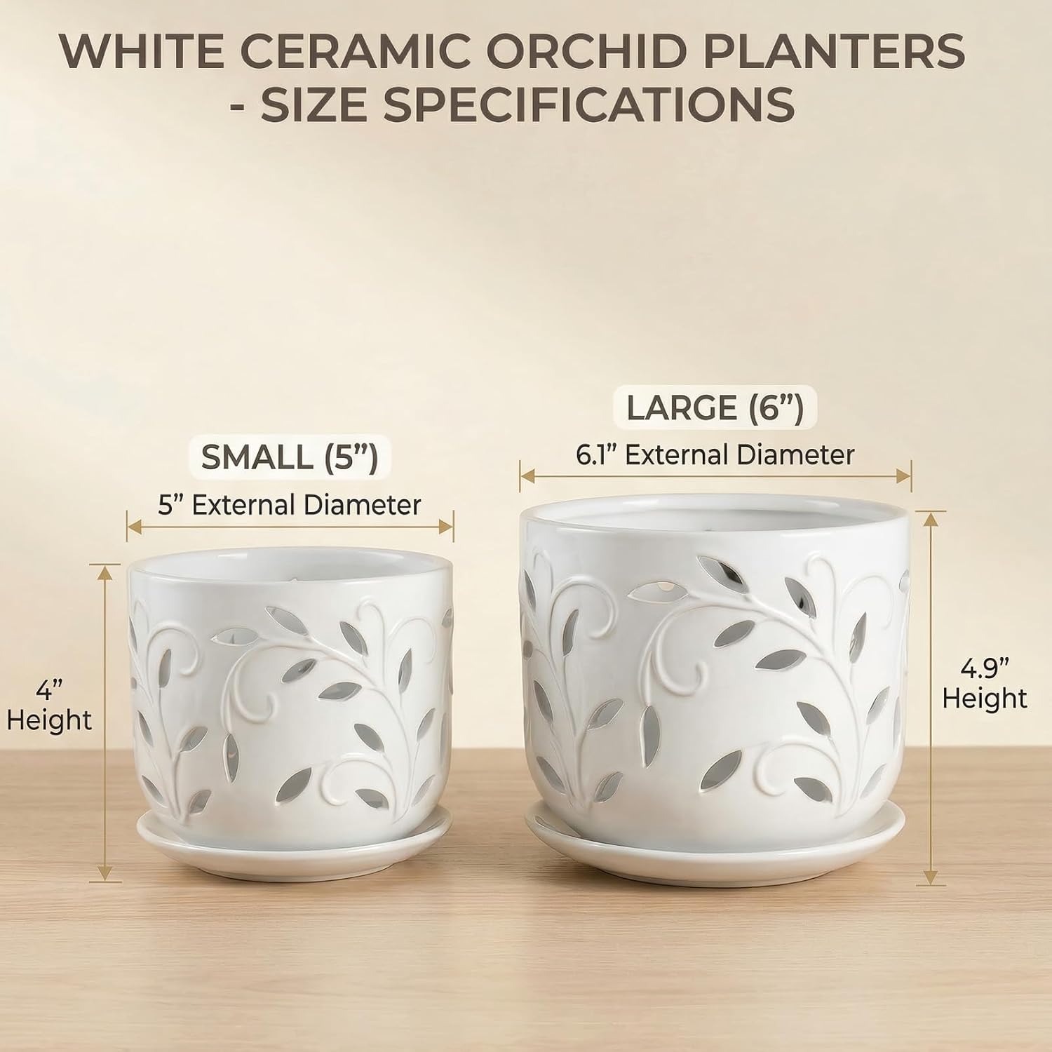 EFISPSS Ceramic Orchid Pots 5+6 Inch White with Drainage Holes & Tray, Breathable Airflow, Indoor & Outdoor