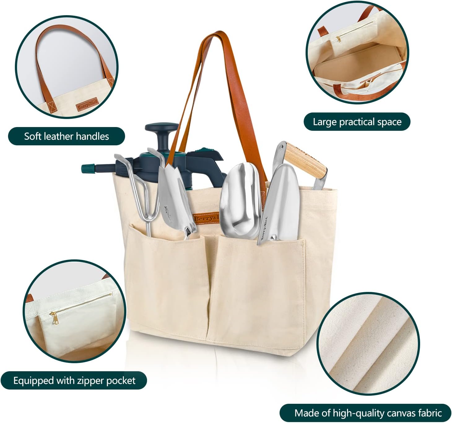 Berry&Bird Garden Tool Bag, Canvas Garden Tote With Pockets for Gardening | Wear-Resistant Multi-Purpose Tool Storage