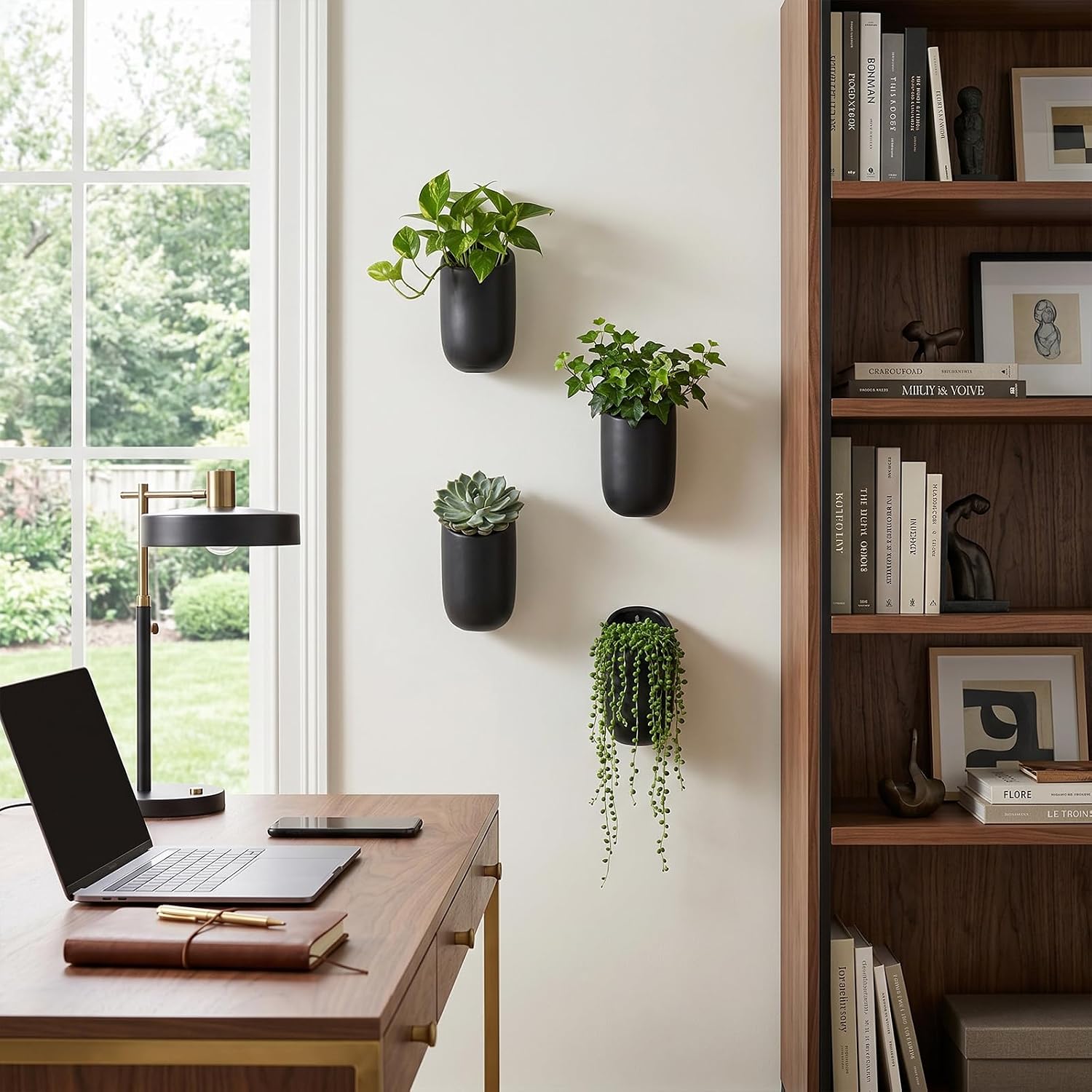 MyGift 6 Inch Black Ceramic Wall Planters for Succulents, Set of 4 | Matte Cylindrical Wall-Mounted Hanging Pots for