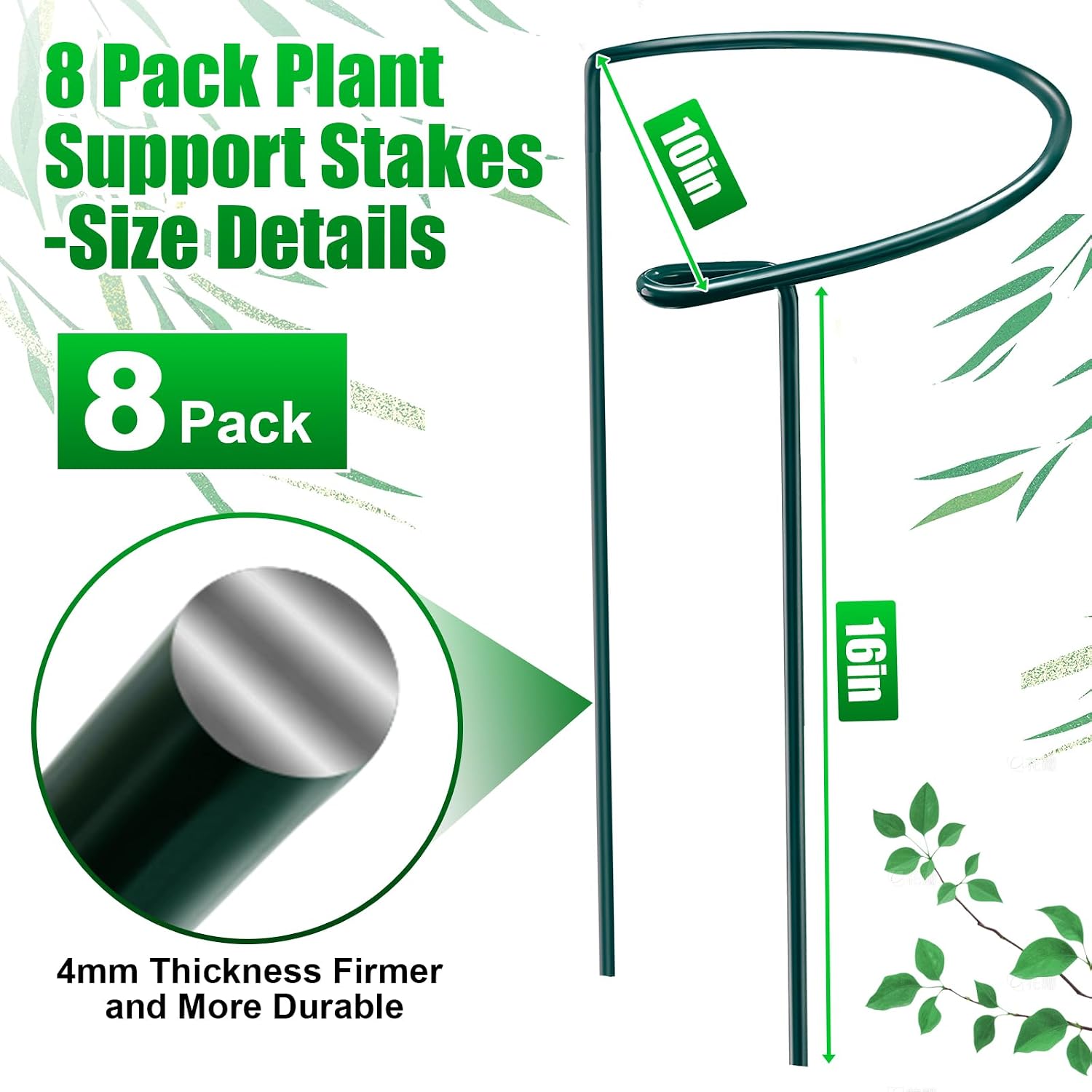 8 Pack Peony Support Cages, 10" W x 16" H Half Round Peony Plant Supports, Heavy Duty Metal Plant Support Stakes, Green