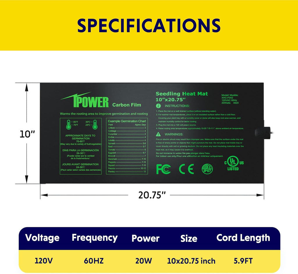 iPower 4 Pack 10" x 20.75" Seeding Heat Mat Upgraded Carbon Film Indoor Warm Hydroponic Plant Germination Starting Pad