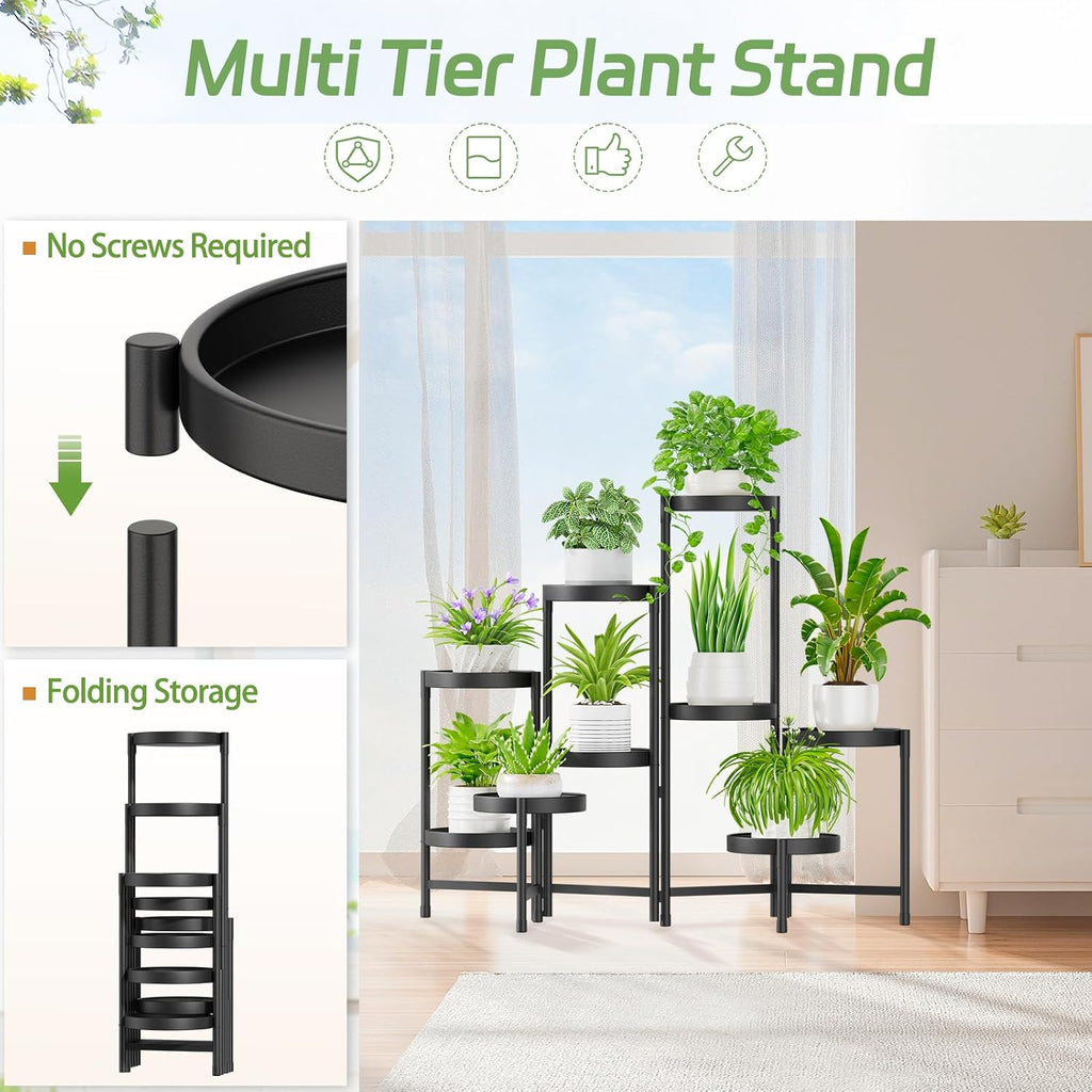 iDavosic.ly Plant Stand Indoor Outdoor, 9 Tier Metal Corner Shelf, Black | Tiered Flower Display Holder, Folding Multi