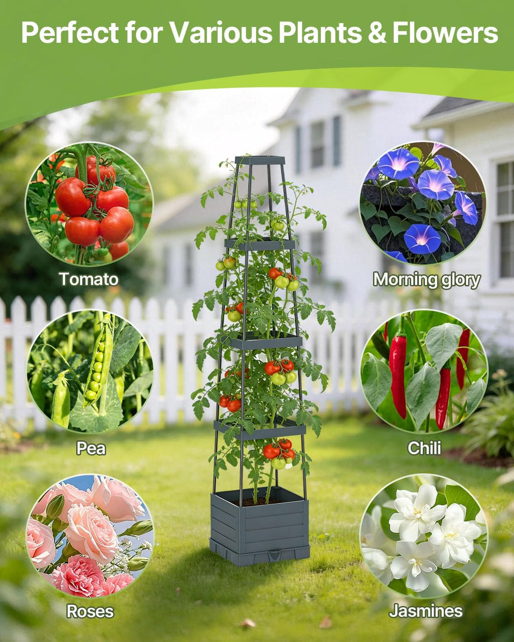 Suteck Raised Garden Bed with Trellis, 2PK Self-Watering Tomato Planter Box | Adjustable Height Steel Support Frame for
