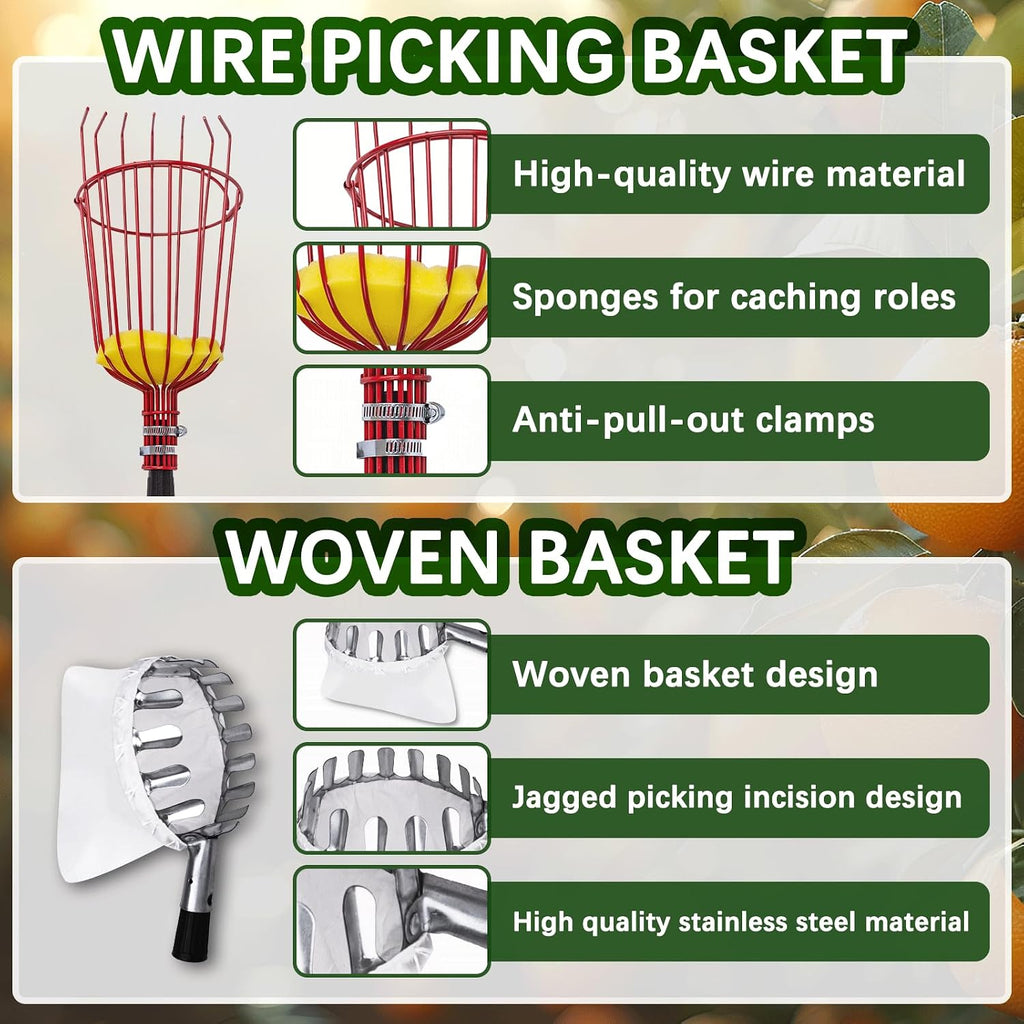 20 Ft Fruit Picker with Wire Basket and Bag Basket,Adjustable Stainless Steel Fruit Picker Pole with Universal Thread