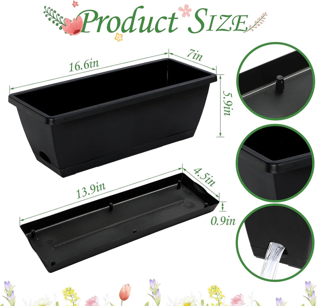 12Pcs 17Inches Rectangle Planter Box with Drainage Holes and Trays | Plastic Planters Flower Boxes Pots for Indoor