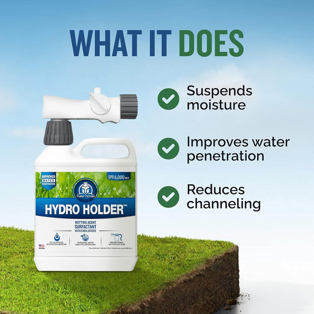 Turf Titan Hydro Holder Soil Wetting Agent for Lawn (32 oz) w/Hose End Sprayer – Improves Water Absorption in Dry &