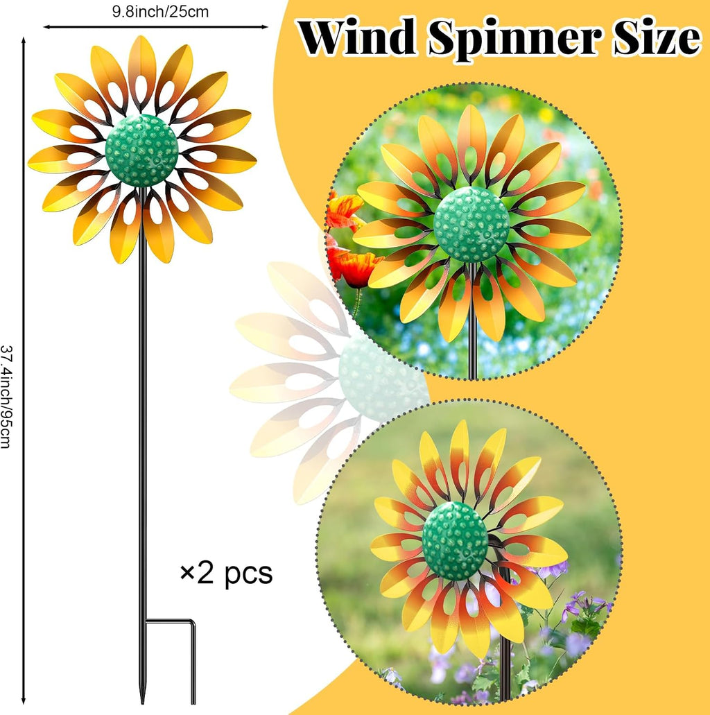2pcs Sunflower Wind Spinner Outdoor, Freestanding Kinetic Wind Sculpture with Stake, Metal Windmill for Outside Garden