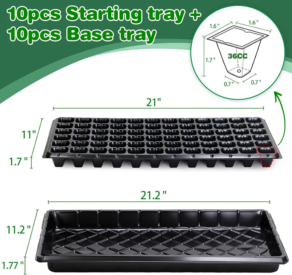 72-Cell Seed Trays with Drainage Trays-10 Sets 20 Packs-1020 Durable Plastic Plant Tray for Seed Germination（21x11x1.81