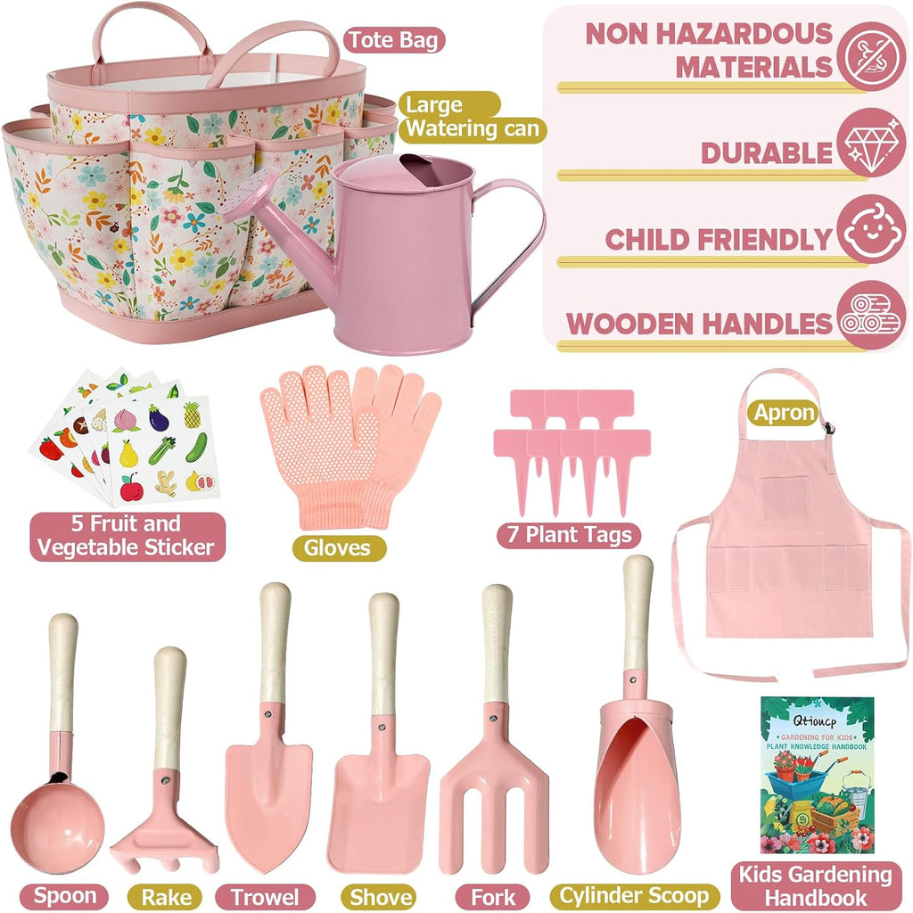 Qtioucp Kids Gardening Set 14Pcs Garden Tools with Tote Bag,Watering Can, Shovel, Apron, Garden Book and More