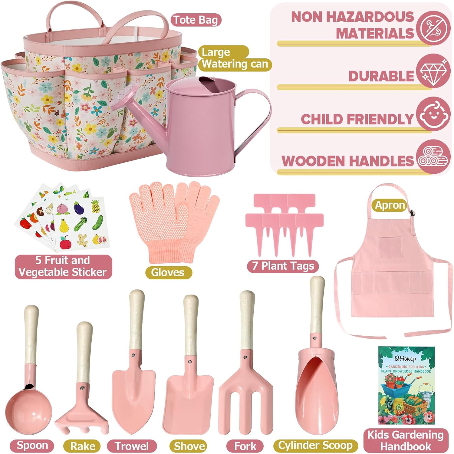 Qtioucp Kids Gardening Set 14Pcs Garden Tools with Tote Bag,Watering Can, Shovel, Apron, Garden Book and More