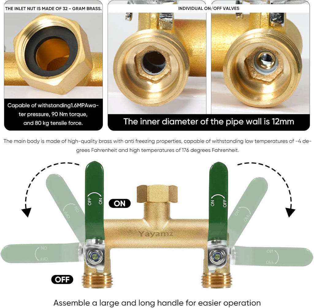 2 Way Garden Hose Splitter, 3/4" GHT Outdoor Water Spigot Splitter | Heavy Duty Solid Brass Body with Shutoff Valves &