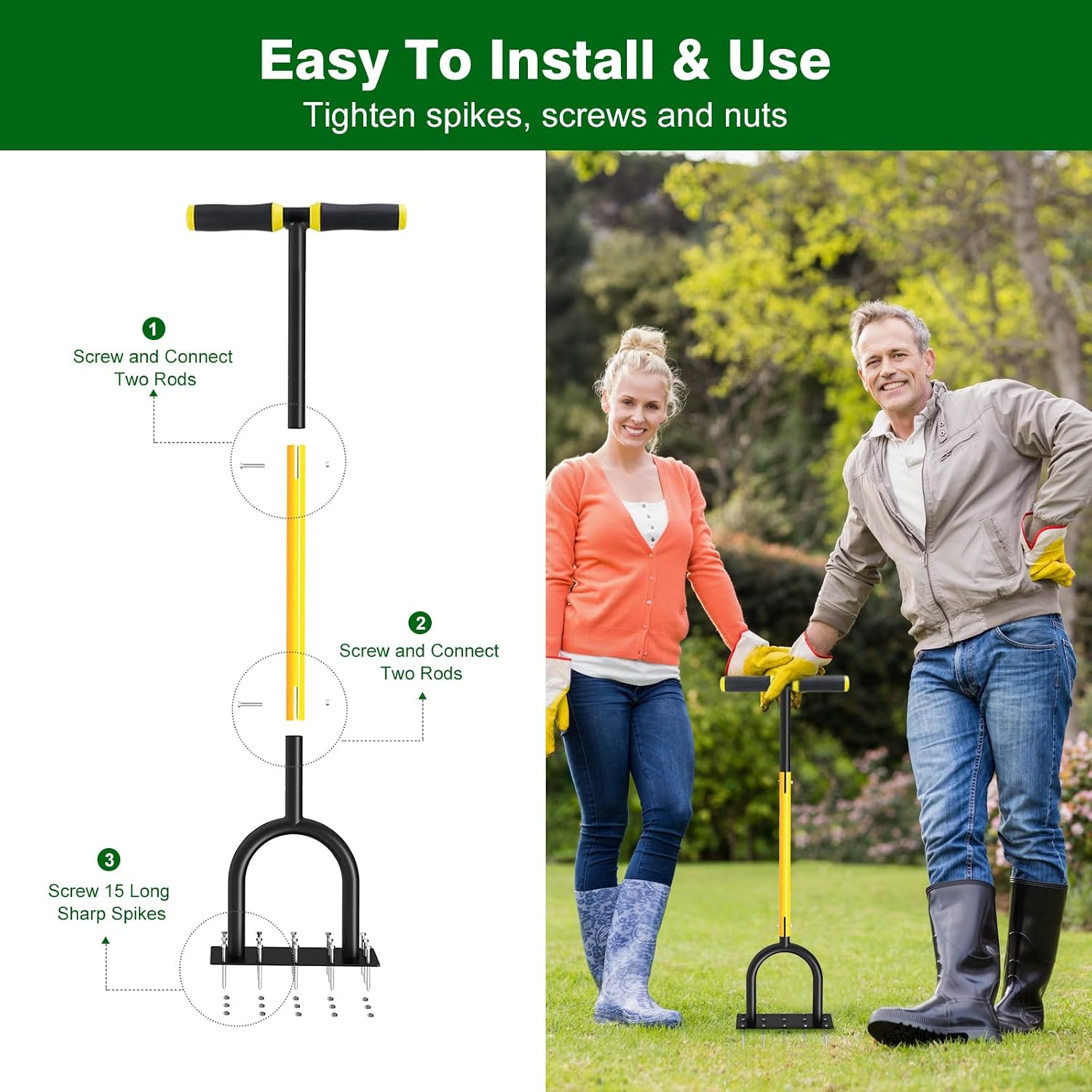 Lawn Aerator Tool - Grass & Soil Aerator for Lawn & Yard Care | 15 Sharp Spikes Manual Aerator for Lawn , Deep Soil