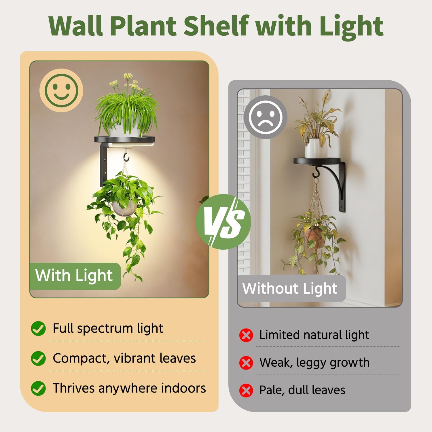 LASZOLA Plant Hanger Holder Shelf Wall Indoor with Lights, 2 Pcs Black | Modern Window Metal Floating Stand, Hanging