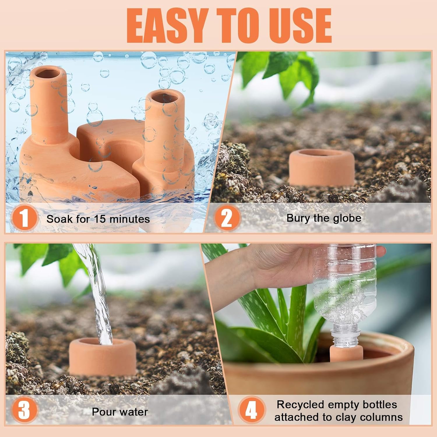 4 Pack Terracotta Self Watering Spikes 12.85 oz Large Capacity | Plant Watering Devices, Reusable Automatic Watering