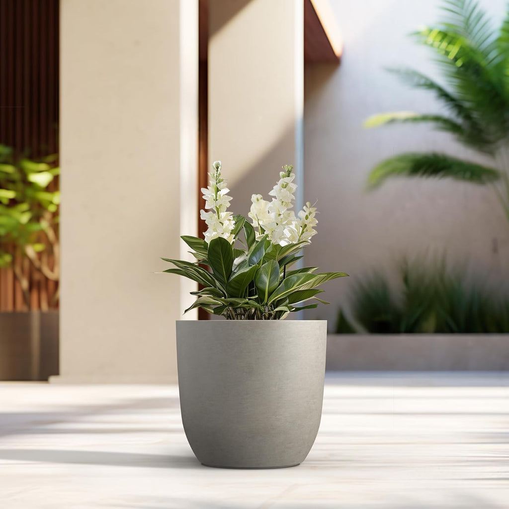 Kante Small Round Curved Weathered Concrete Planter 13.3" Dia, Outdoor | Rubber Plug for Indoor, Drainage for Garden